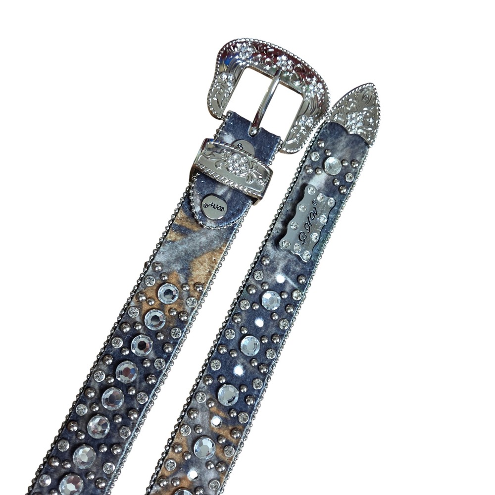 BHW Camo Crystal Studded Western Belt 26 Camouflage Silver Buckle Y2K Cowgirl